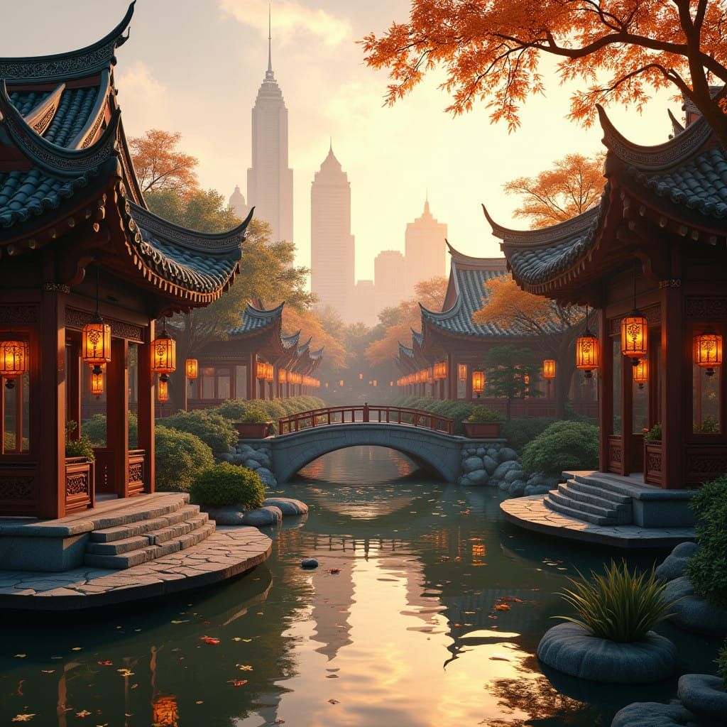 Surreal Shanghai Garden Serenity in Golden Hour