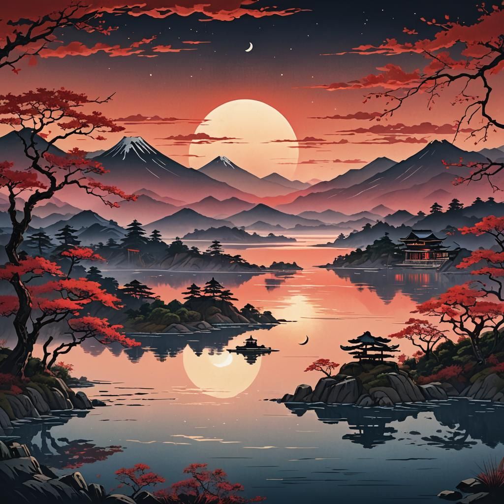 Japanese Woodblock Print: Red Sunset Over Lake
