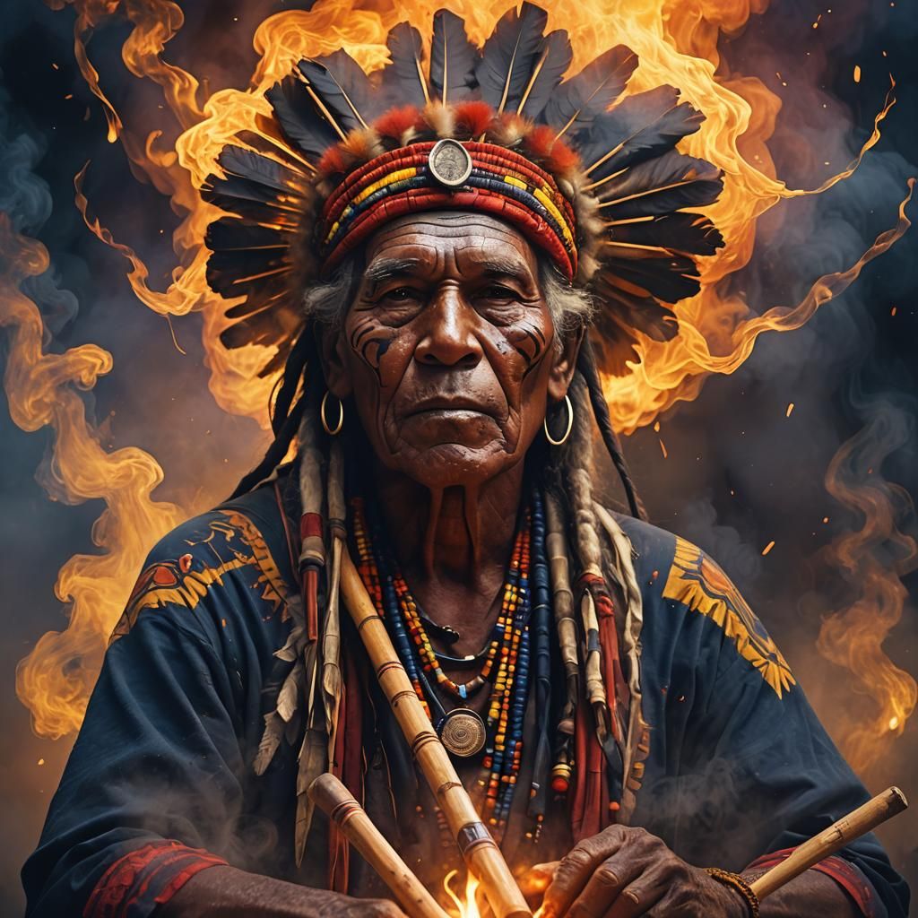 Aboriginal Elder Plays Didgeridoo: Art Nouveau Portrait