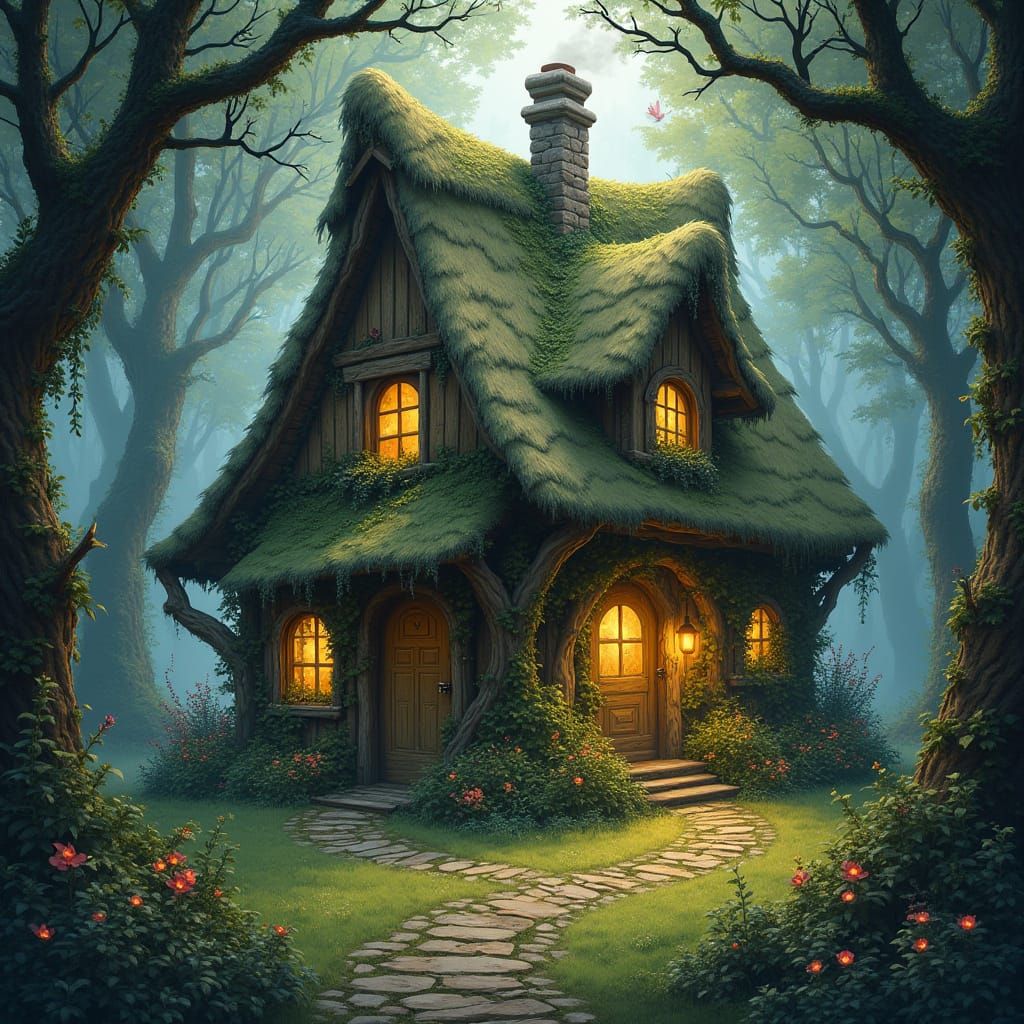 Enchanted Cottage in Forest, Fantasy Art Style