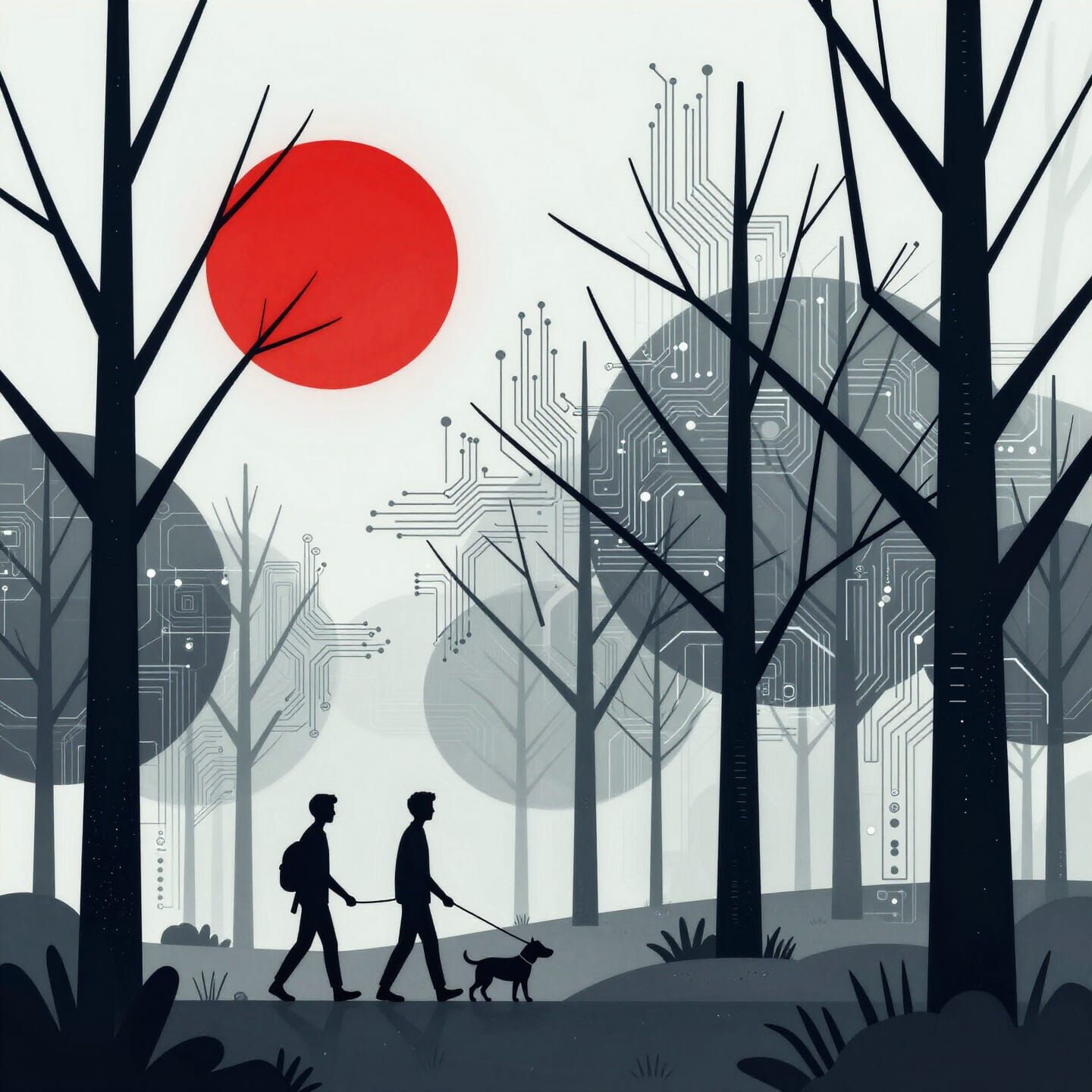 Minimalist Digital Nature Scene with Red Sun