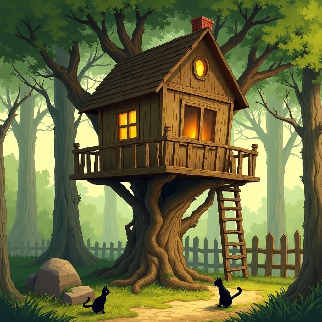 Whimsical Treehouse in Forest, Illustration
