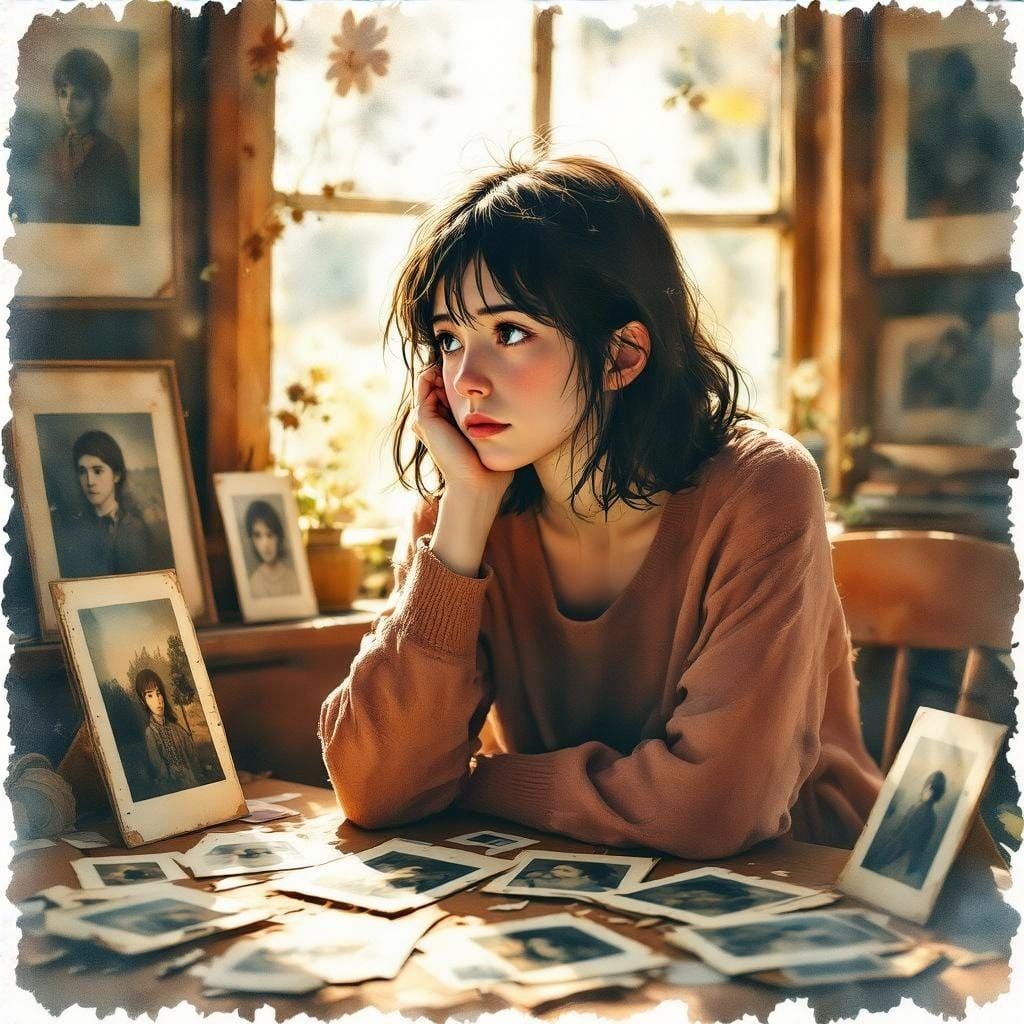 Nostalgic Woman with Fading Photographs: Watercolor Digital ...