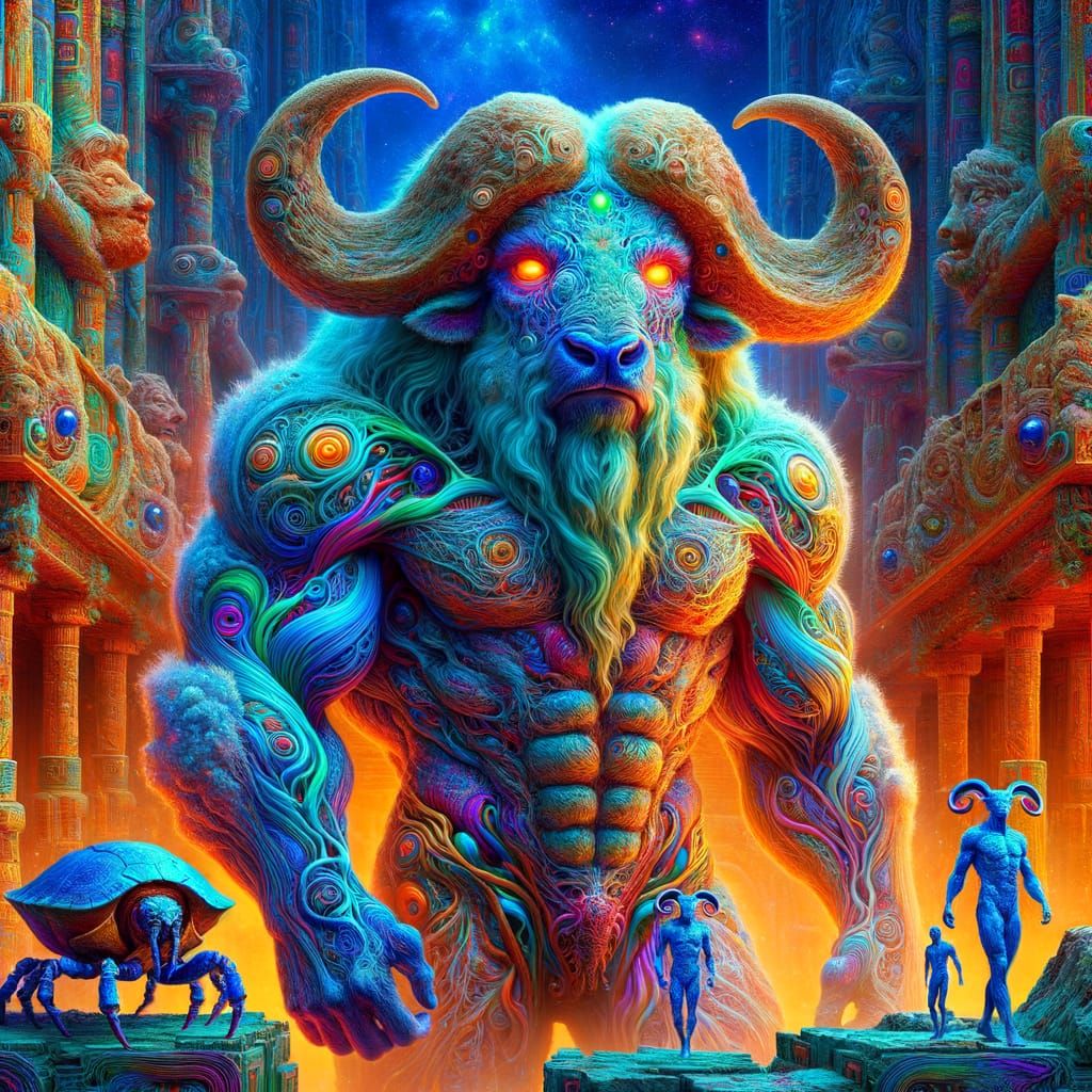 Psychedelic Bison God with Alien Companions