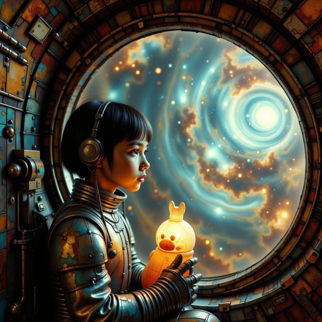 Child in Futuristic Spacesuit Gazes at Nebula