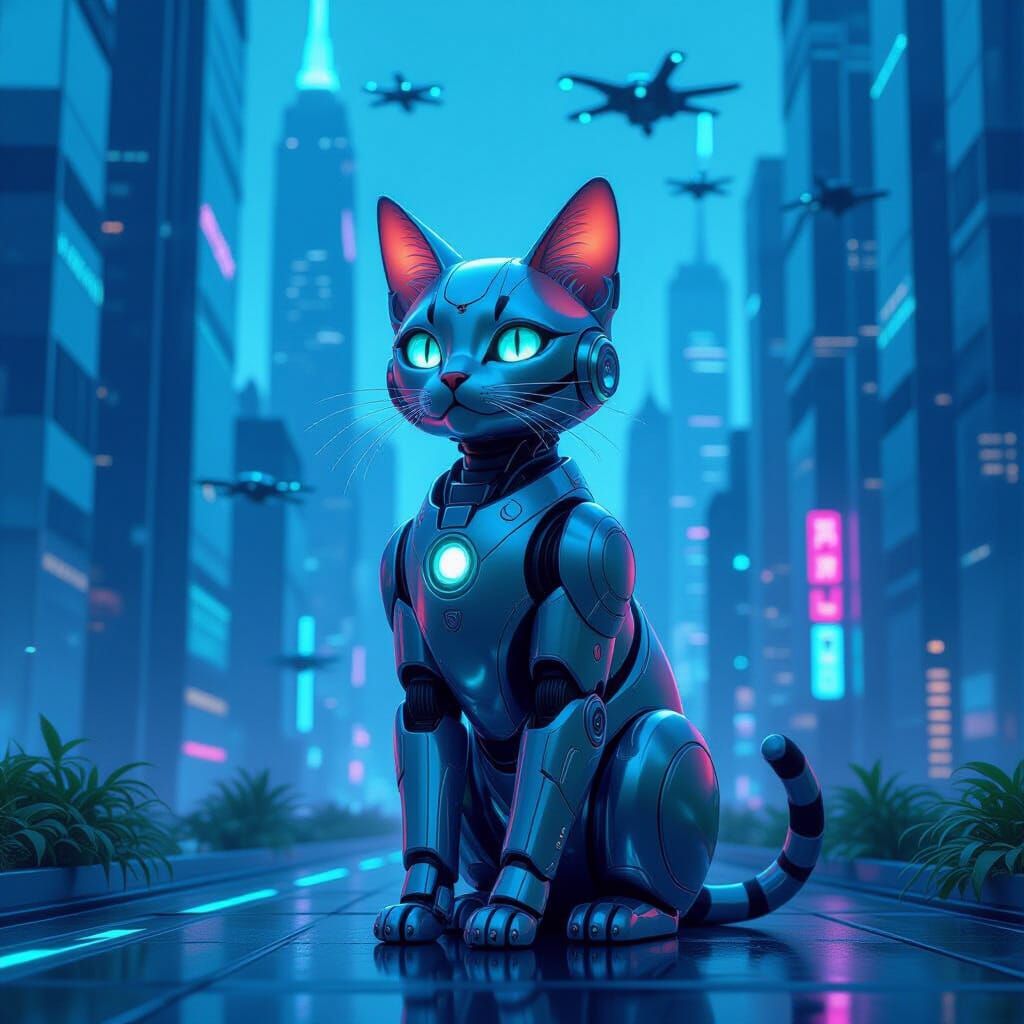 Robotic Cat in Futuristic Cityscape as 3D Anime Art