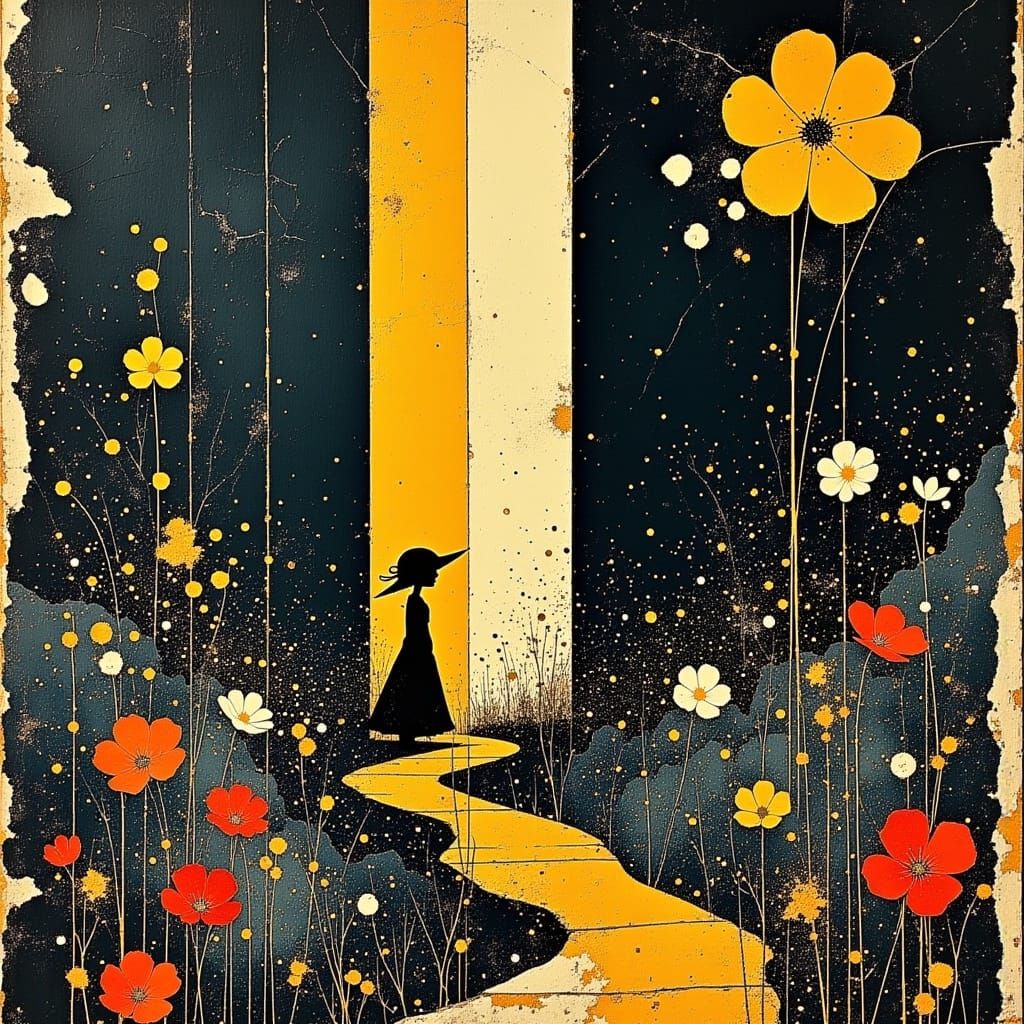 Whimsical Dark Fantasy Landscape in Vintage Style