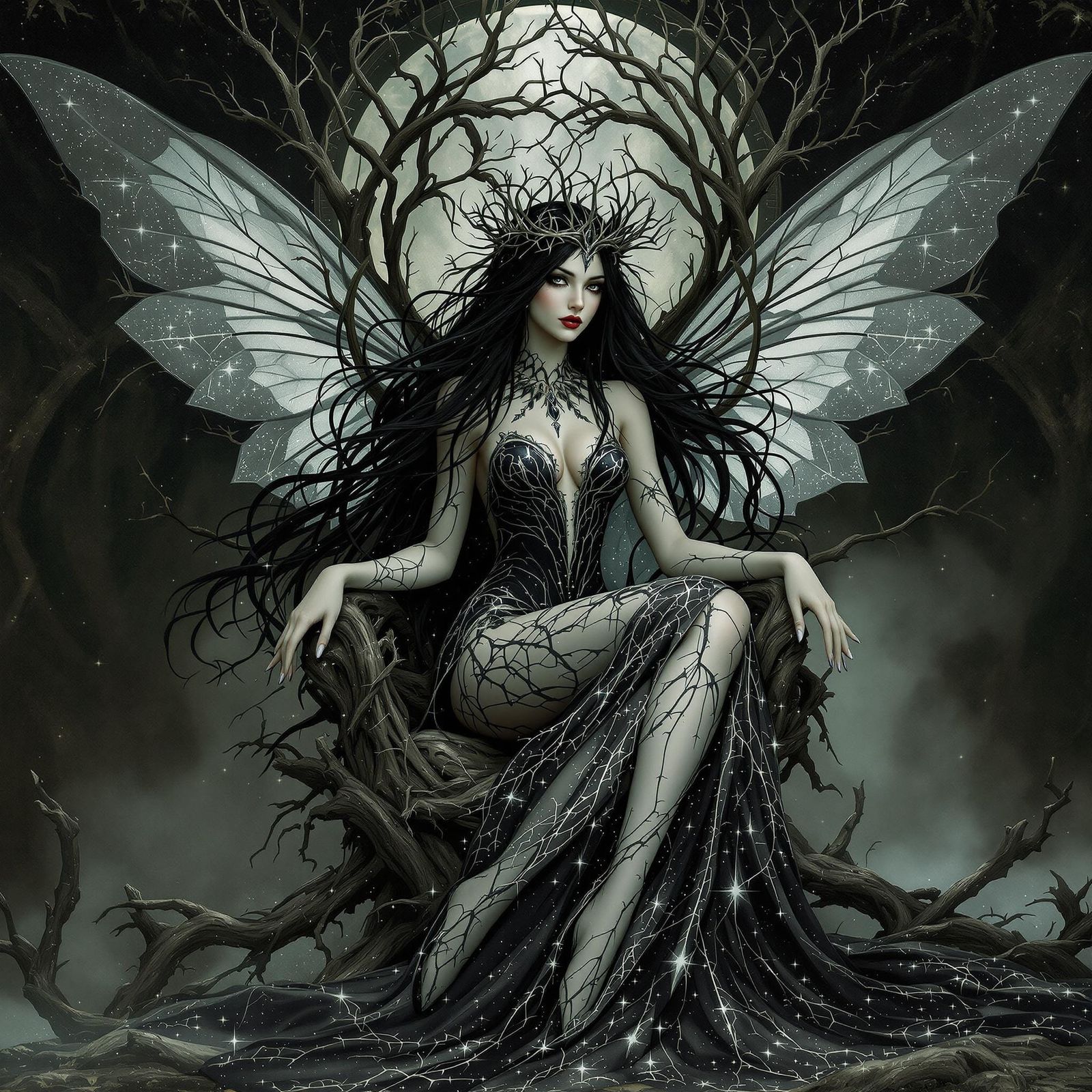 Dark Fairy Queen on Throne in Art Nouveau Style