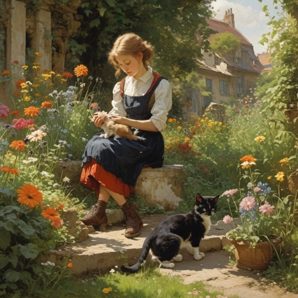 Woman in Garden with Kitten, Anime Style