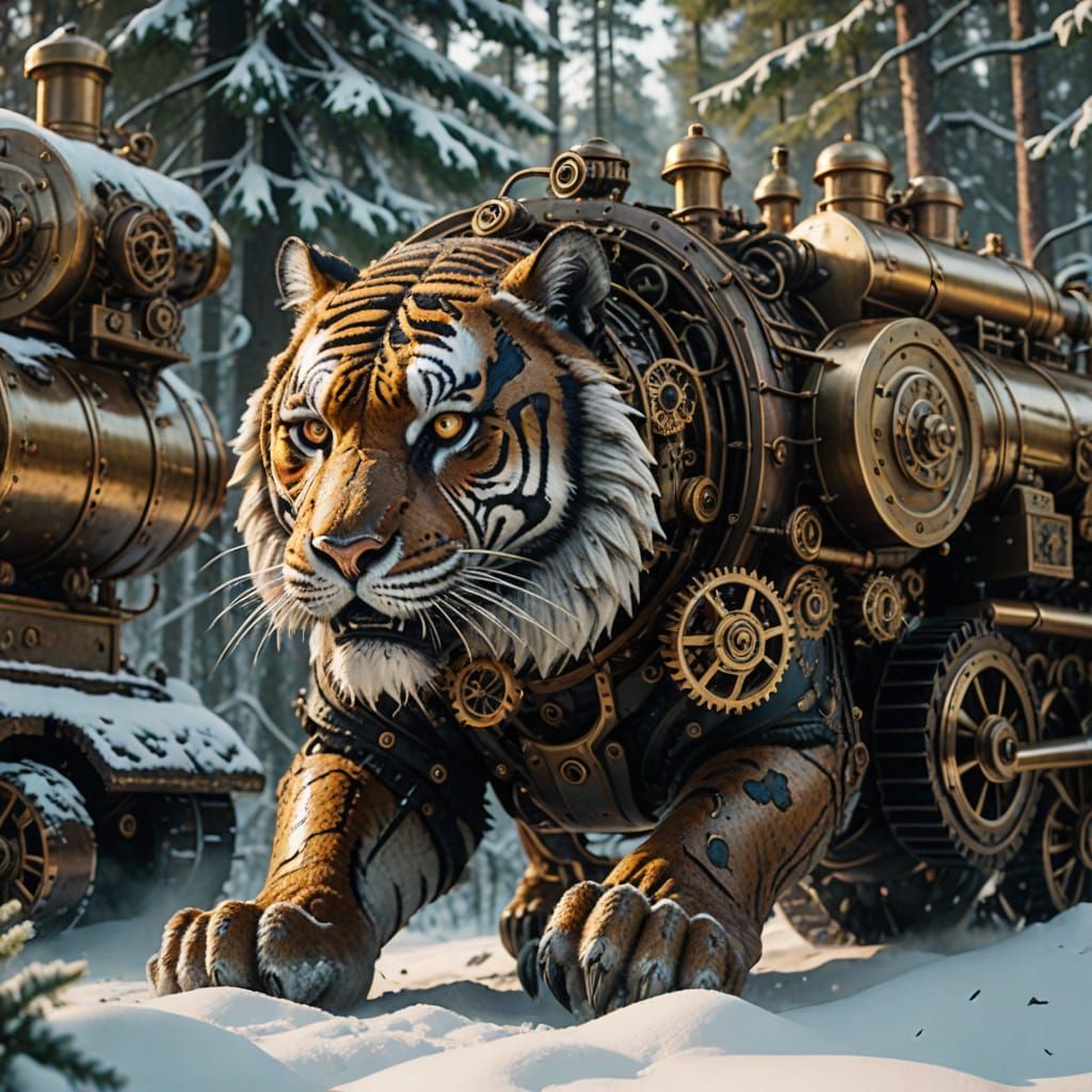 Steampunk Tiger in Snowy Forest at Golden Hour