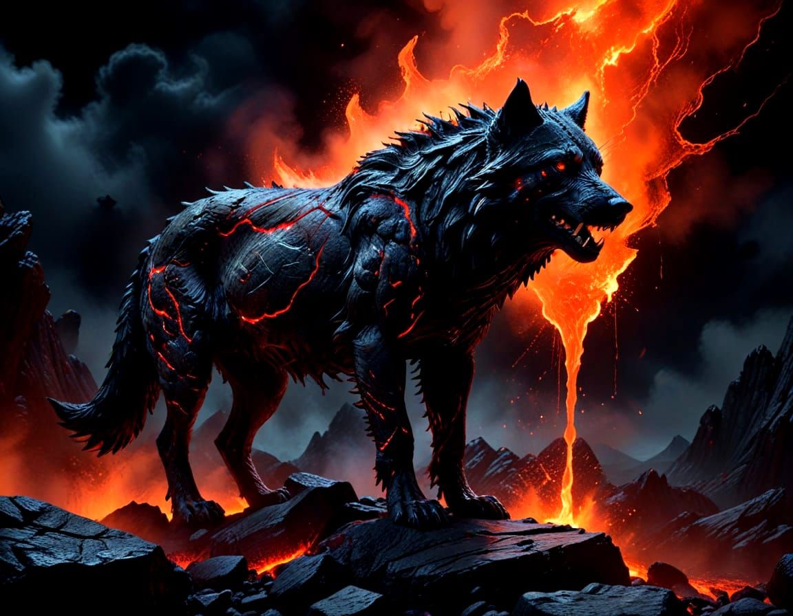 Lava Dire Wolf Howling on Volcano: Dark Fantasy