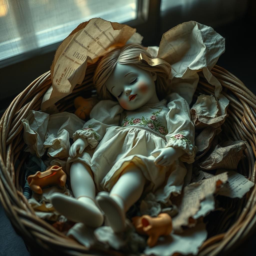 Broken Doll in Basket: Nostalgic Vintage Still Life