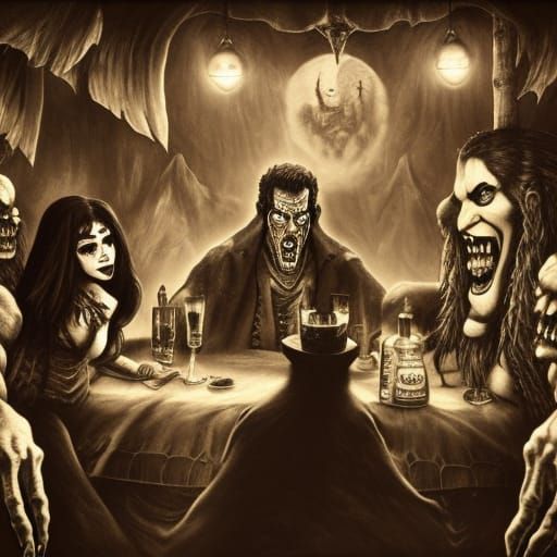 Monsters at a Tiki Bar in Black and White