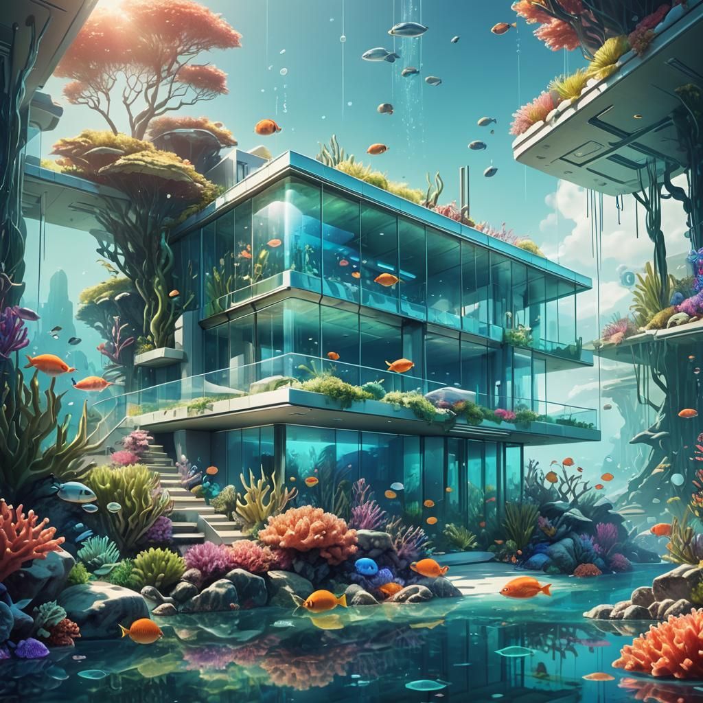 Underwater Modern House Amidst Coral Reef as Digital Art