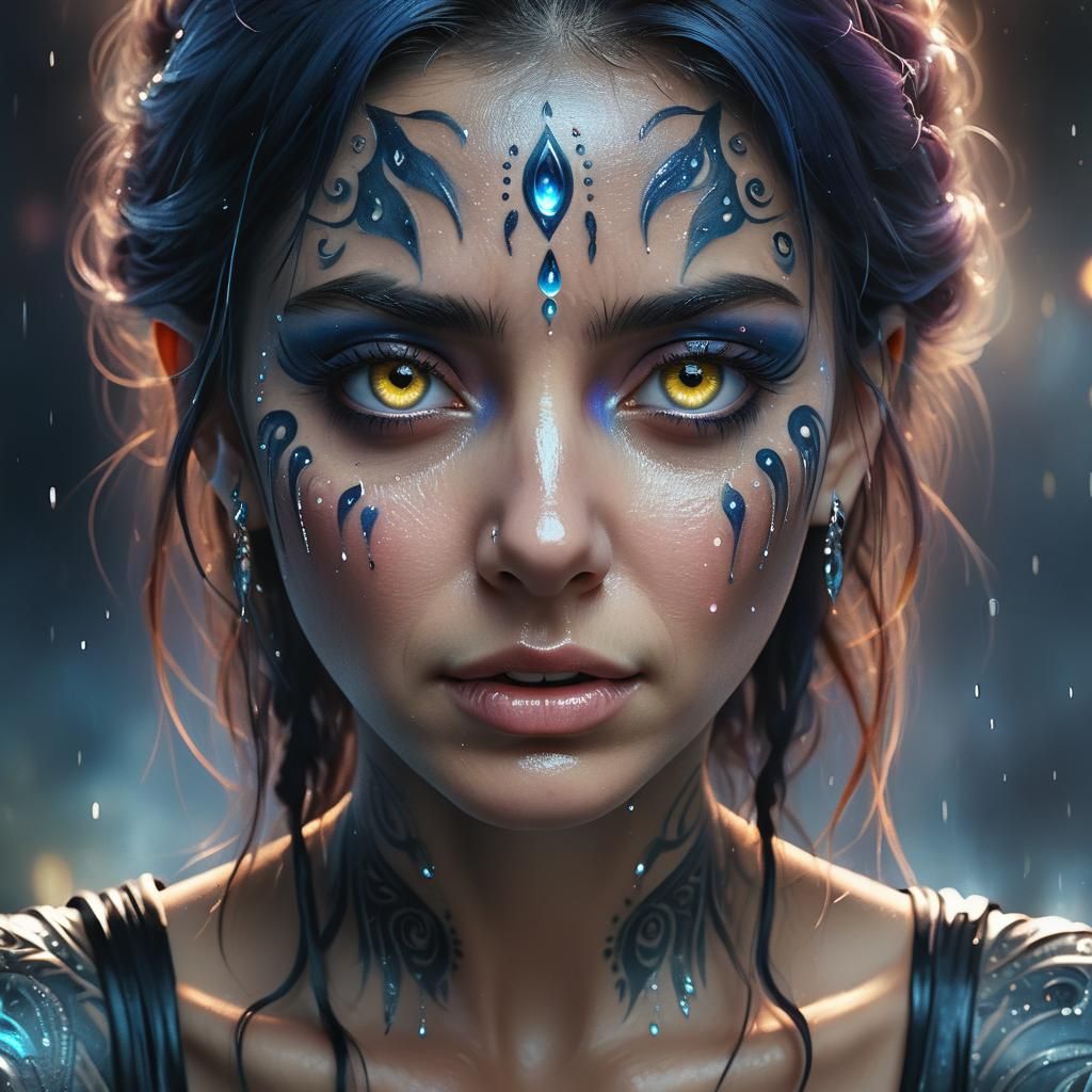 Watercolor Portrait of Woman with Astral Tattoos