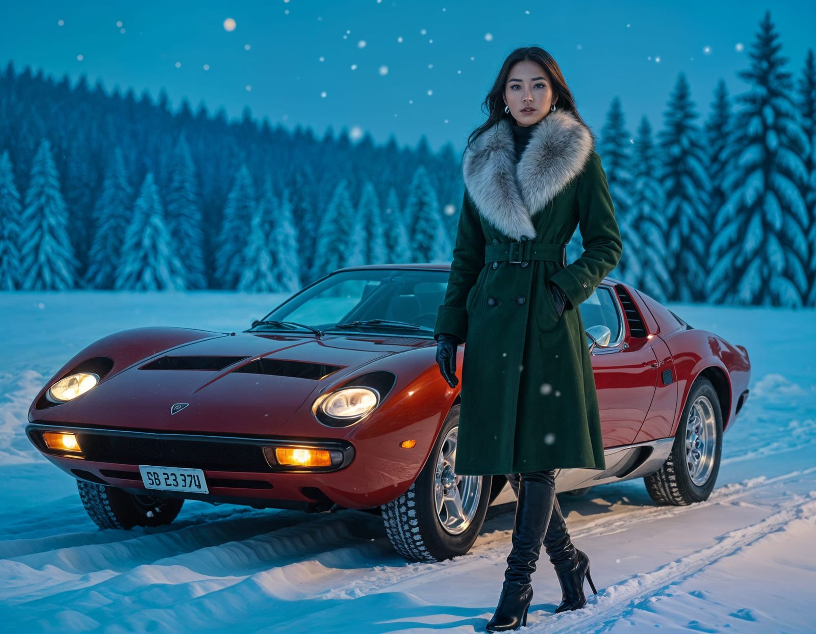 Elegant Woman with Red Lamborghini in Winter Landscape