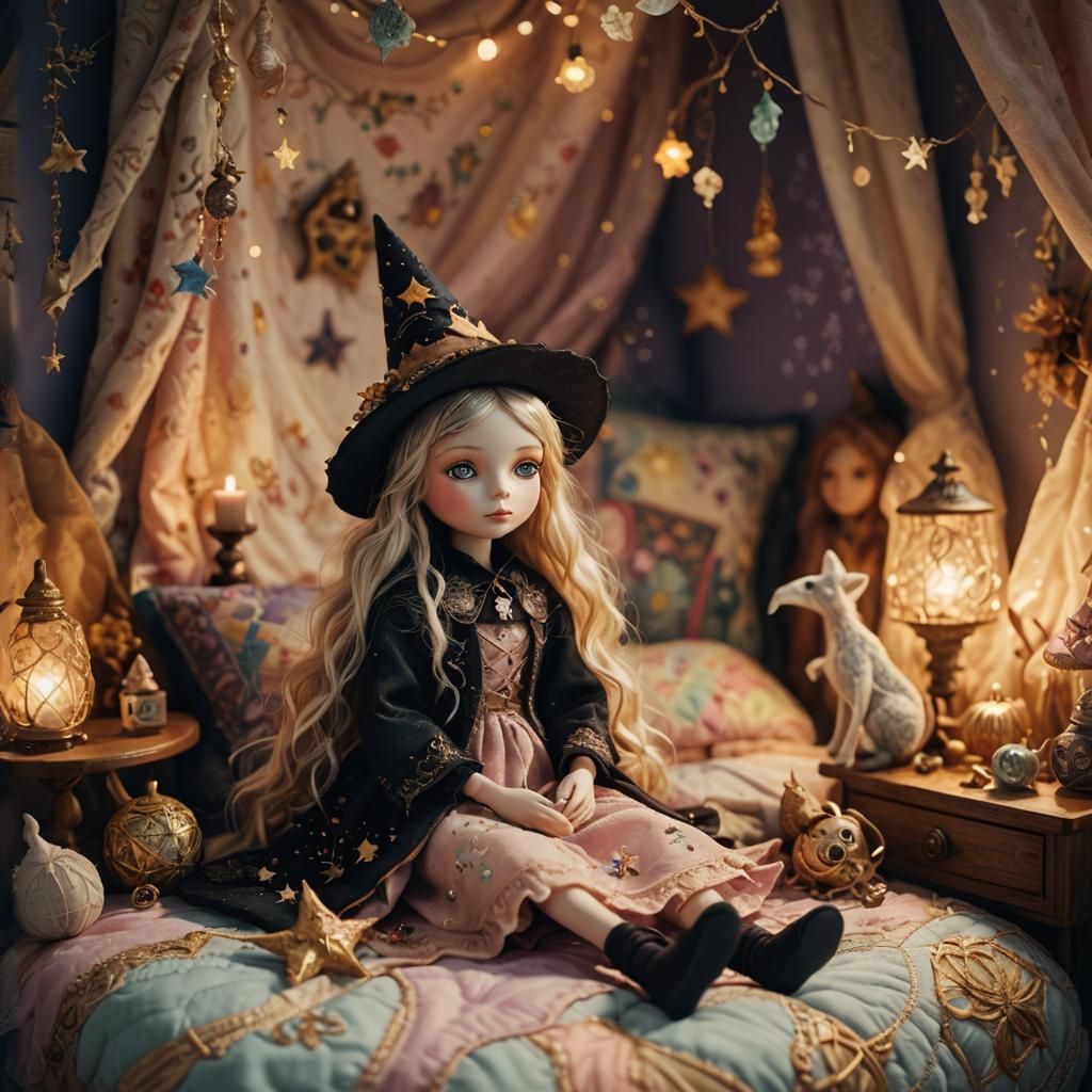 Cute Witch Doll on a Bed