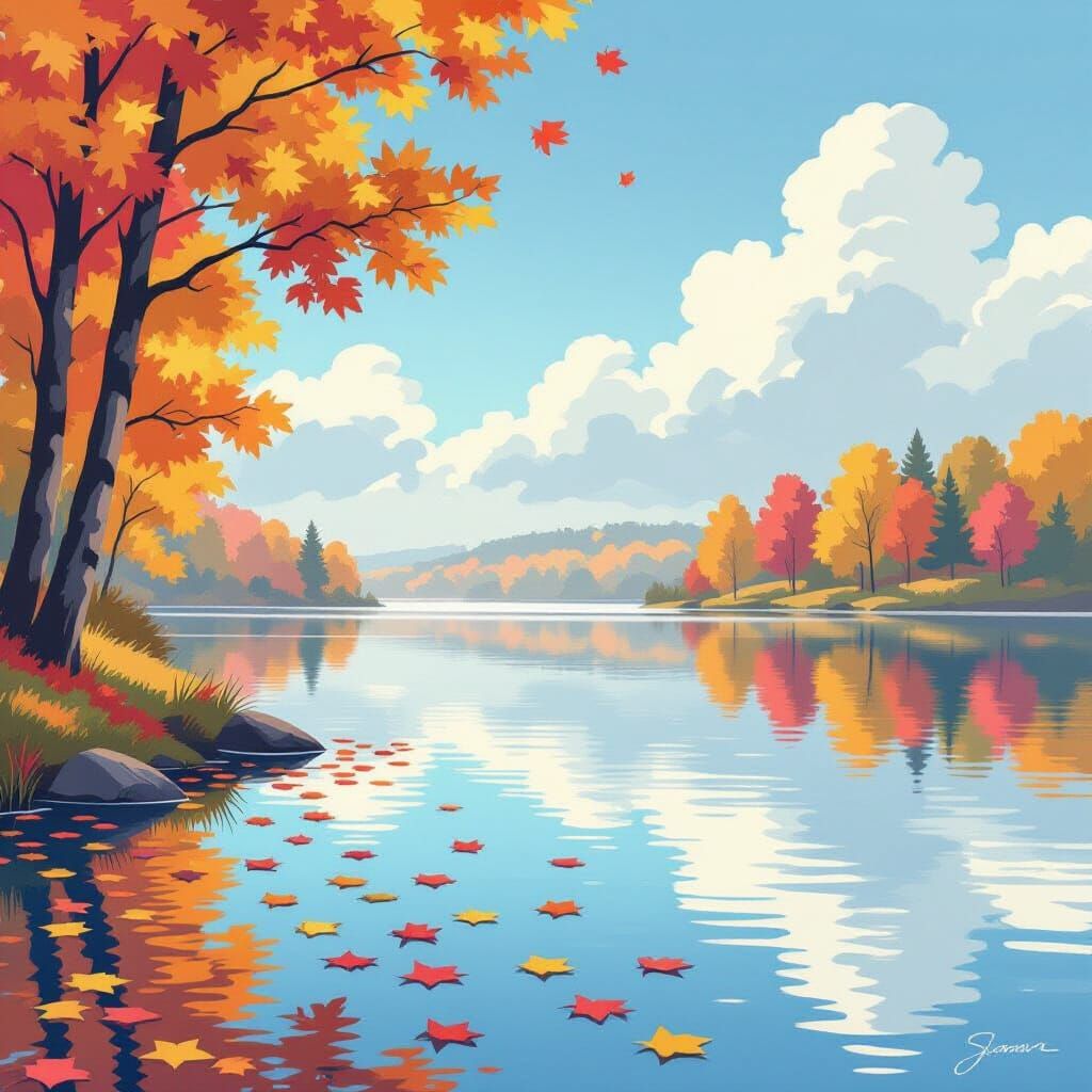 Dreamy Autumn Lake Landscape in Watercolor Style