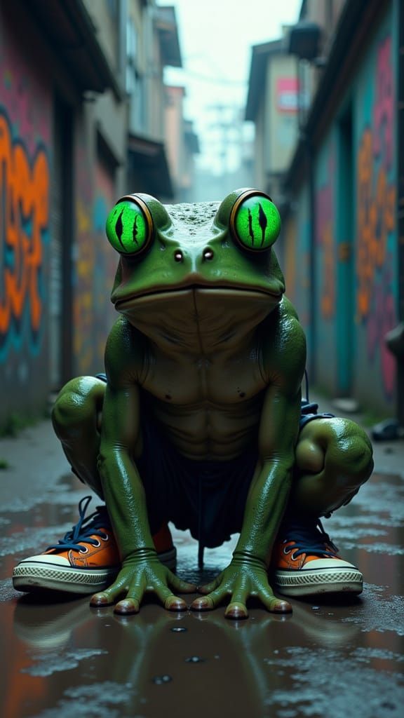 Gritty Frog Character in Urban Alleyway