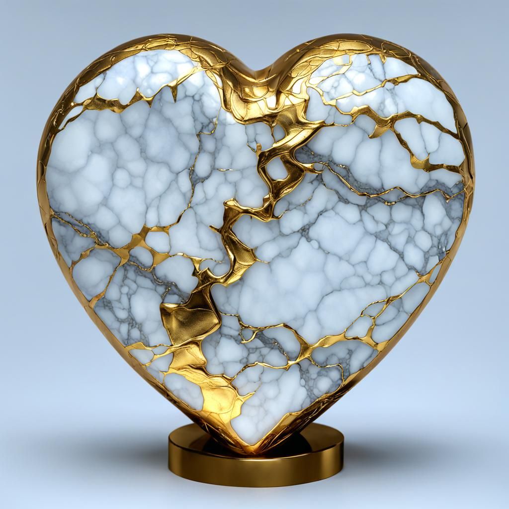 Golden Kintsugi Marble Heart: Hyperrealistic Macro Photo