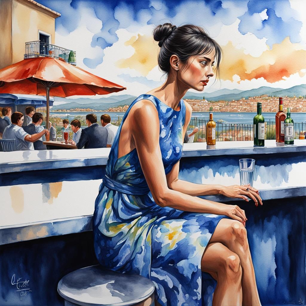 une femme, vêtue d'une robe bleue, est assise à une terrasse d'un bar