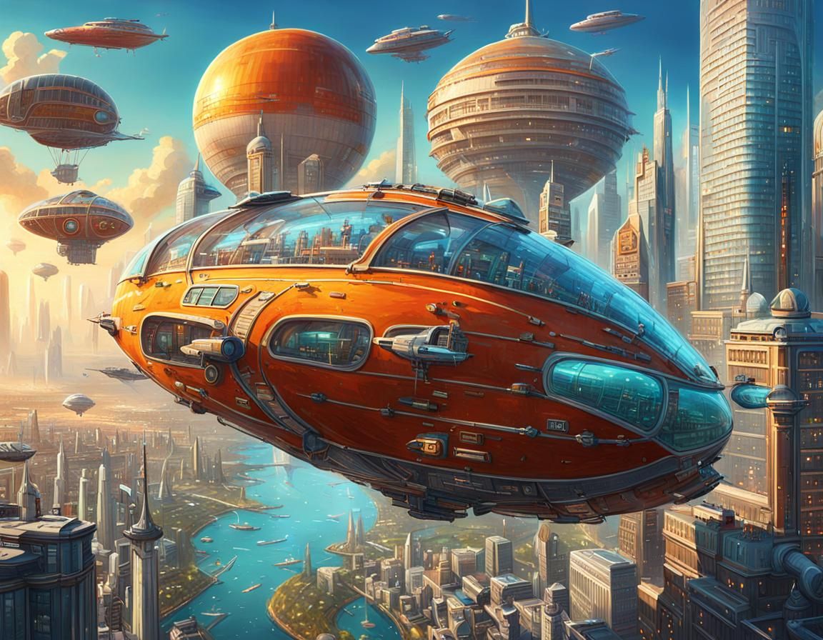 Steampunk Sci-Fi Cityscape in Retro-Futuristic Style