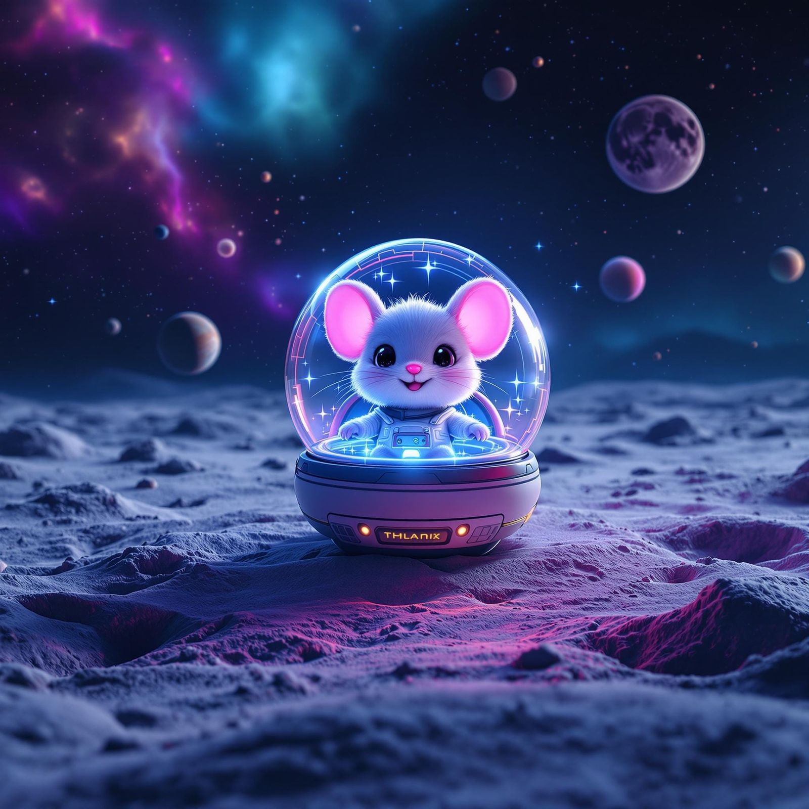 Vibrant Holographic Chibi Mouse on the Moon in Hyper Realist...