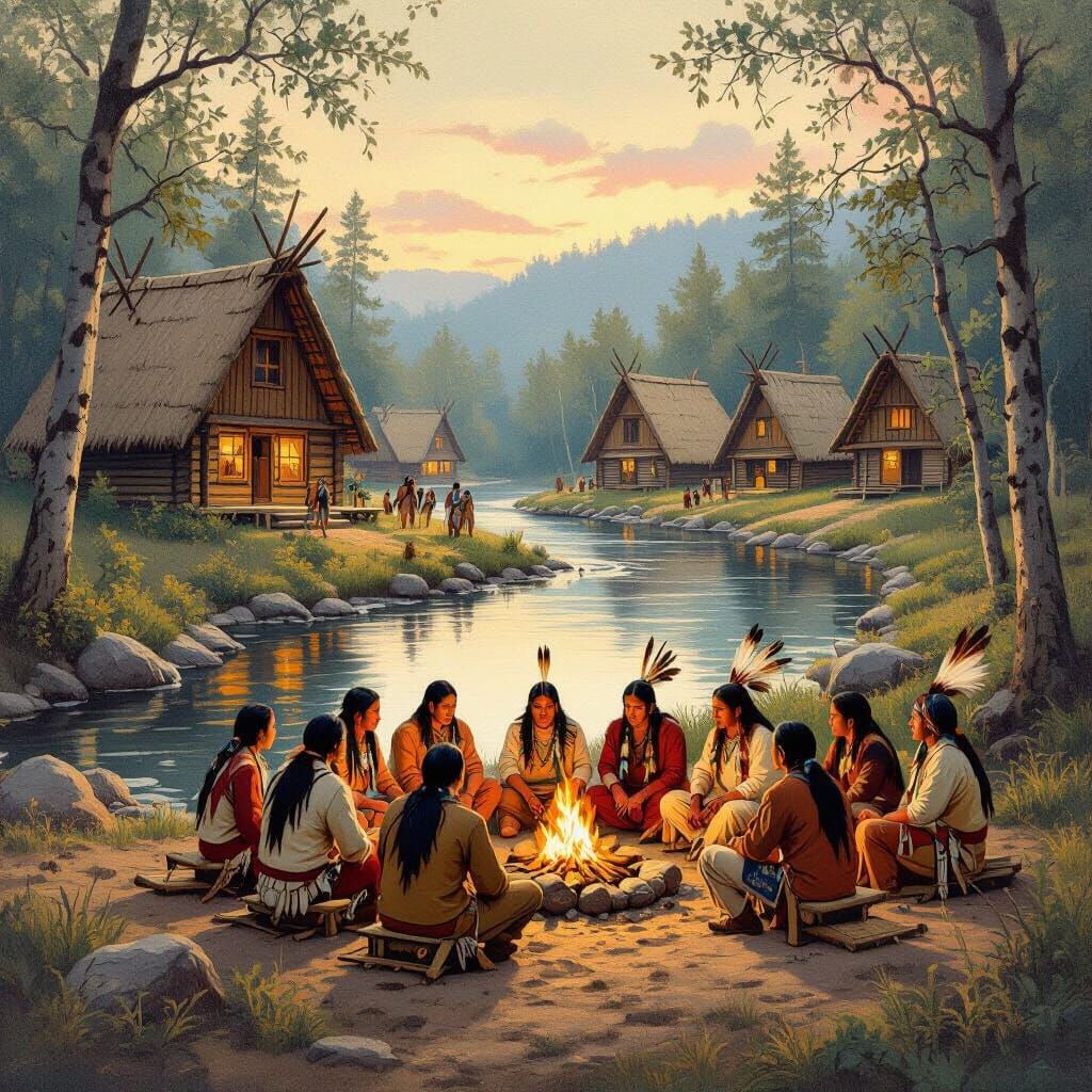 Native American Village Ceremony in Rockwell Style