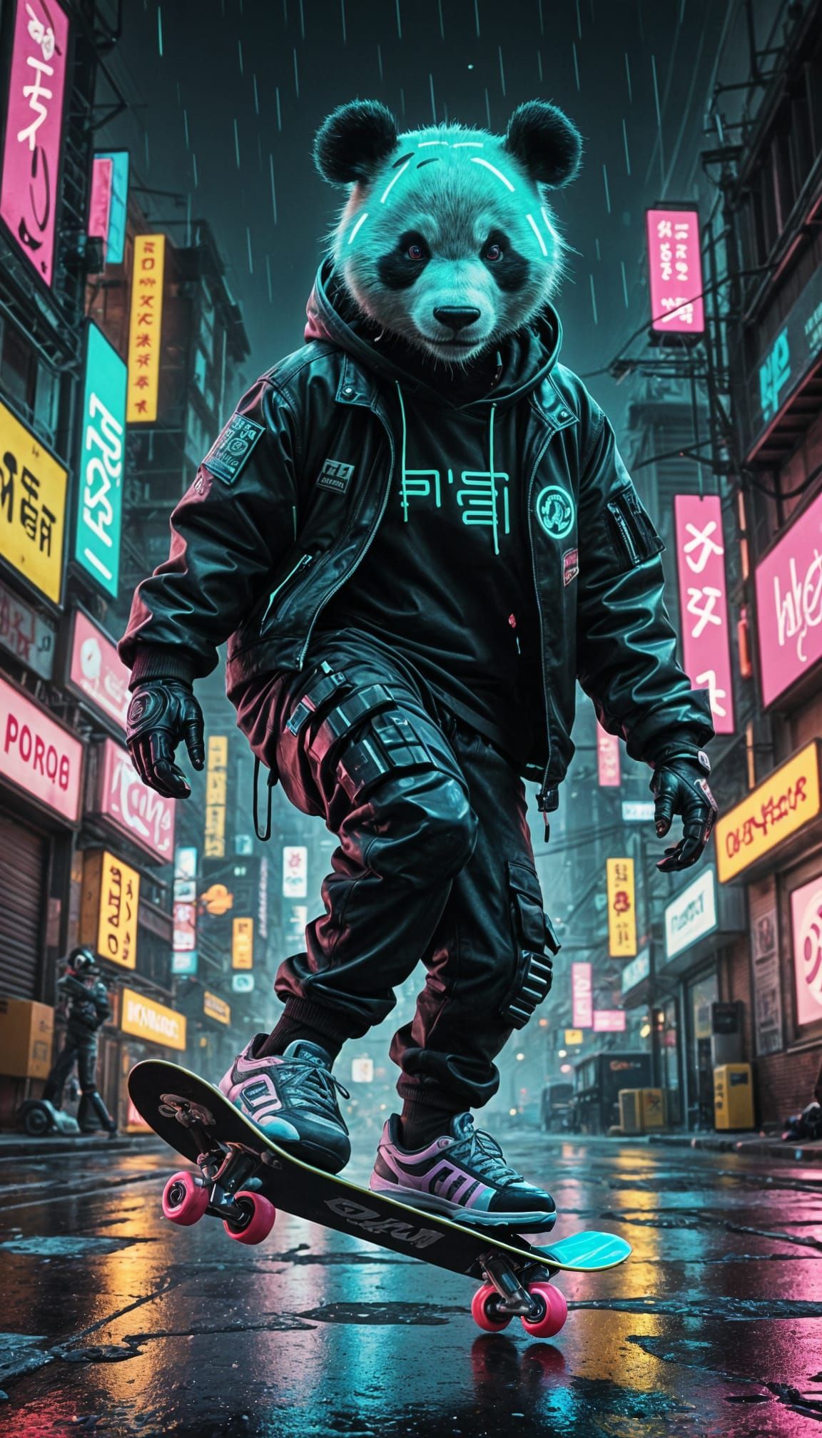 Cyberpunk Panda Kickflip in Neon Dystopia