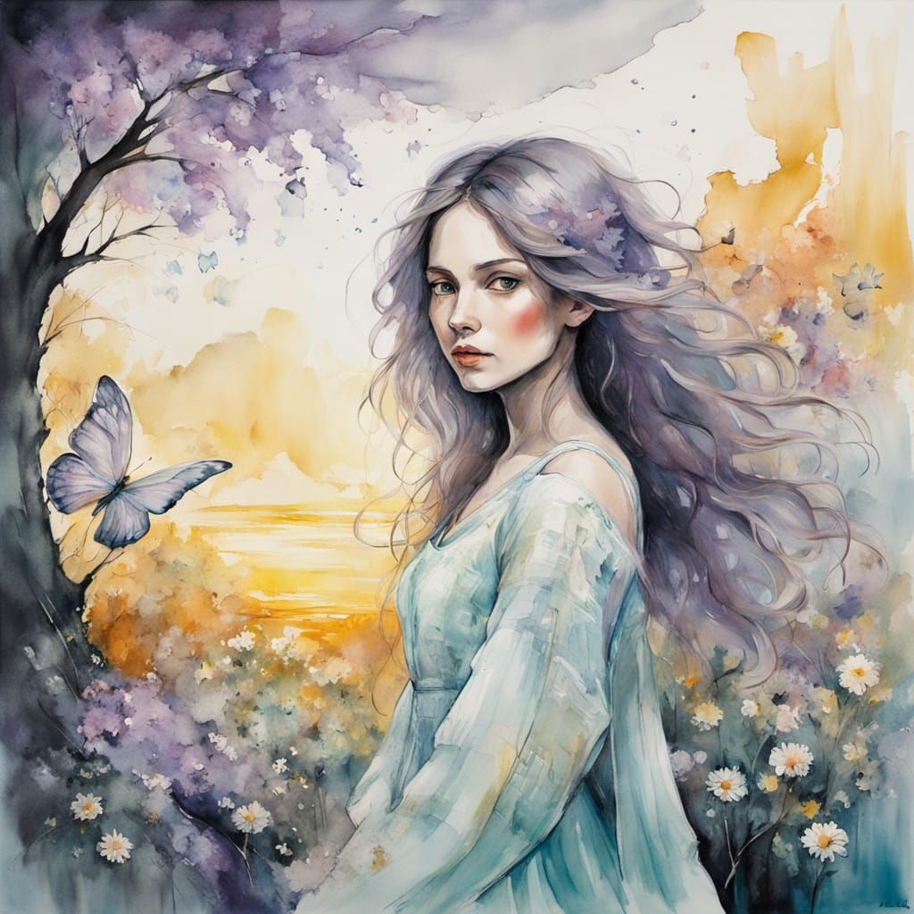 Ethereal Garden at Golden Hour in Ink Painting Style