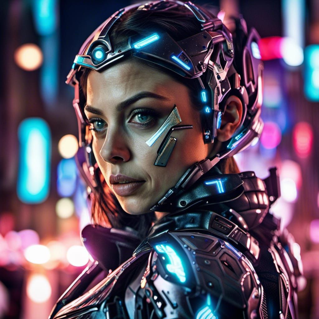 Cyborg Girl Portrait in Neon Cityscape