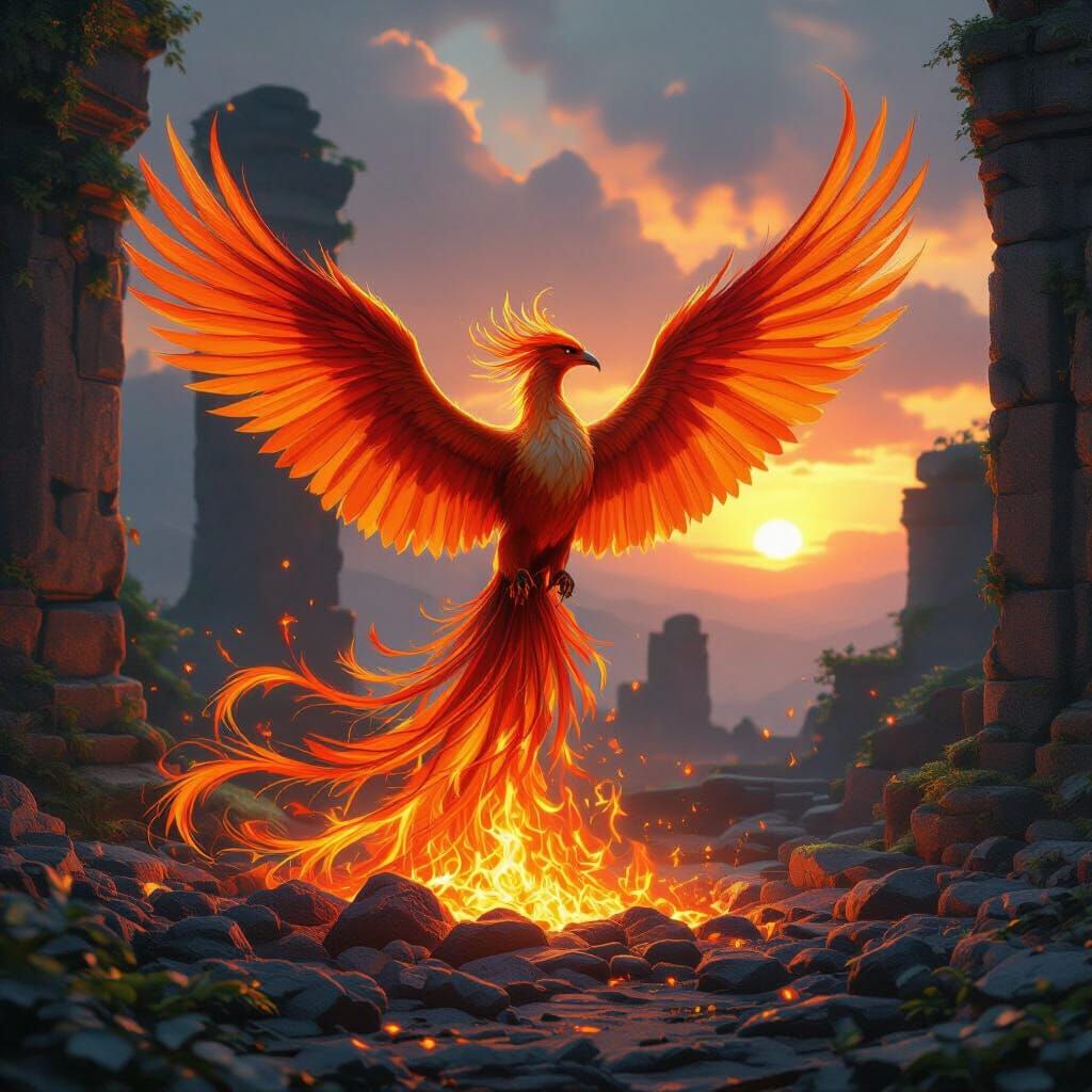 Majestic Phoenix Rises From Embers in Ancient Ruins