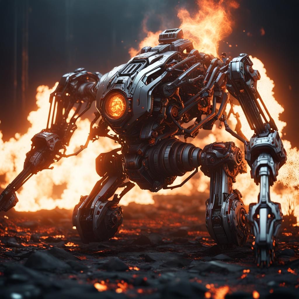 Bio-Mechanical Flames Engulfing the Dead in Sci-Fi Style