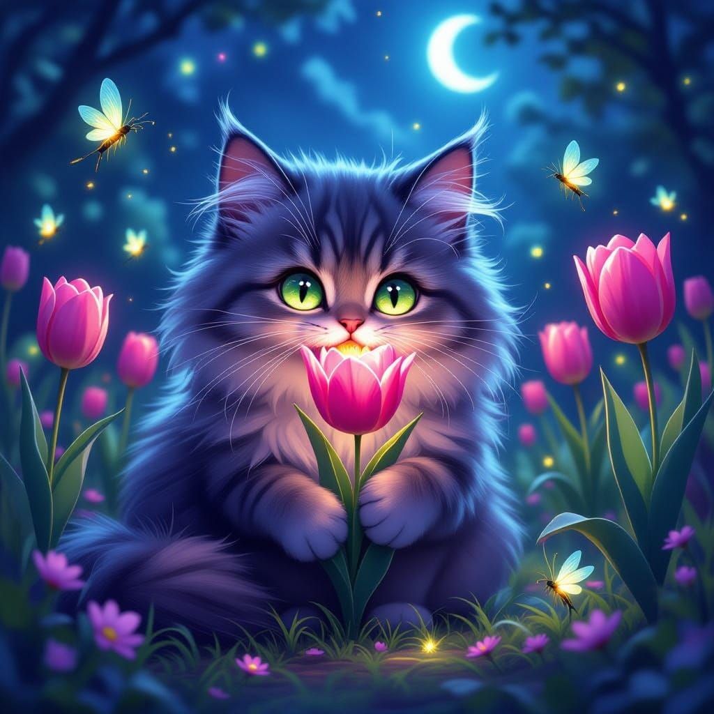 Fluffy Purple Cat Eats Tulip Under Firefly Glow
