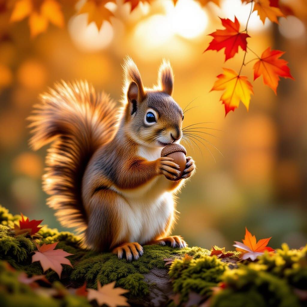 Photorealistic Squirrel with Acorn in Autumn Maple Forest