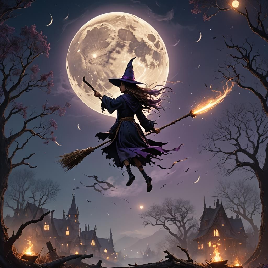 Witches Fly on Broomsticks in Moonlight: Fantasy Art