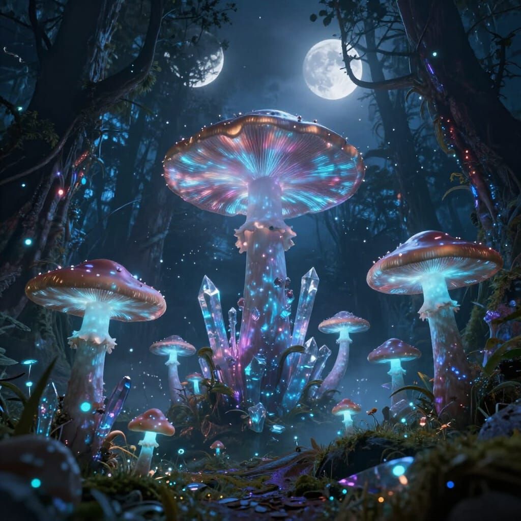 Bioluminescent Mushroom Forest Under Twin Moons