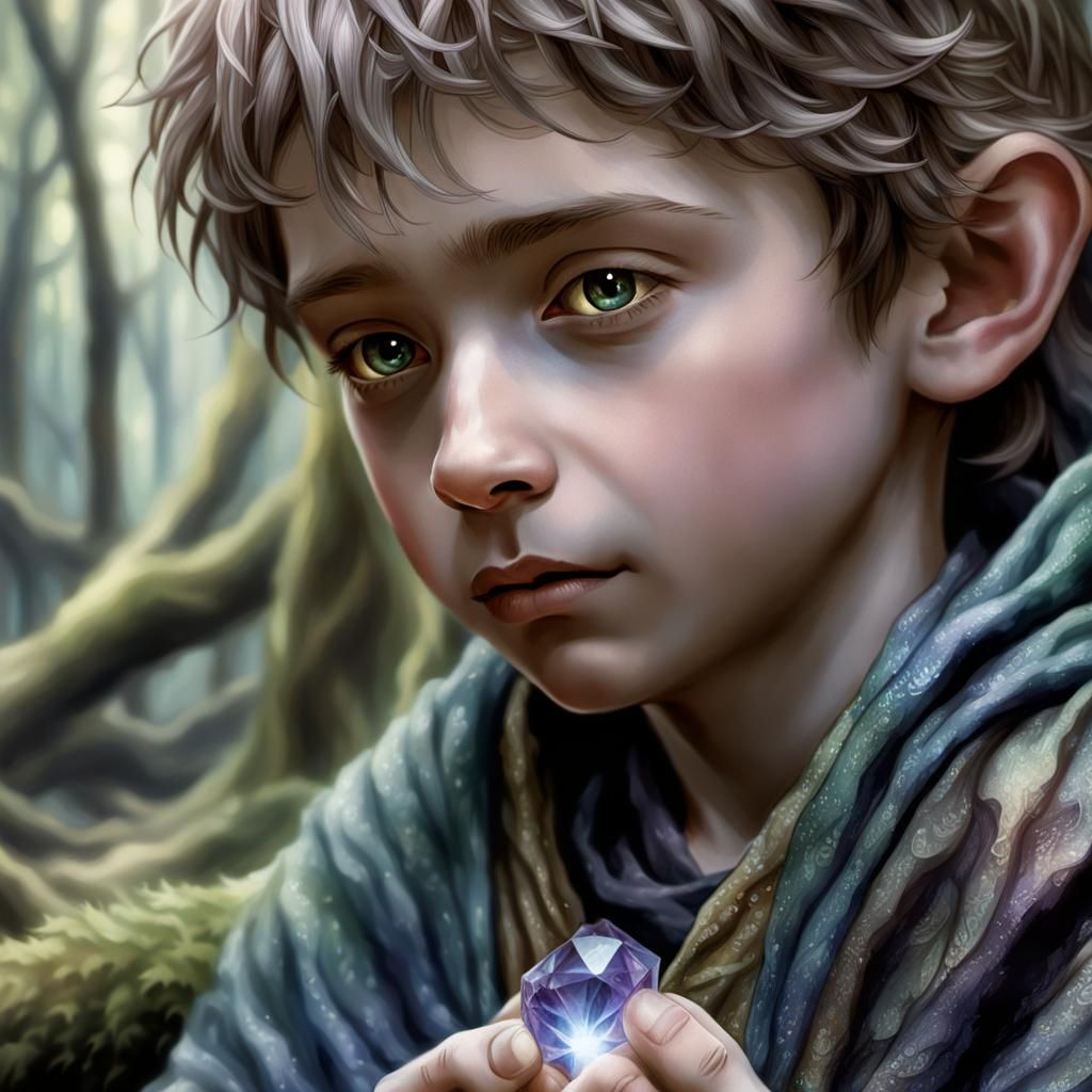 Boy with Glowing Crystal in Mystical Forest