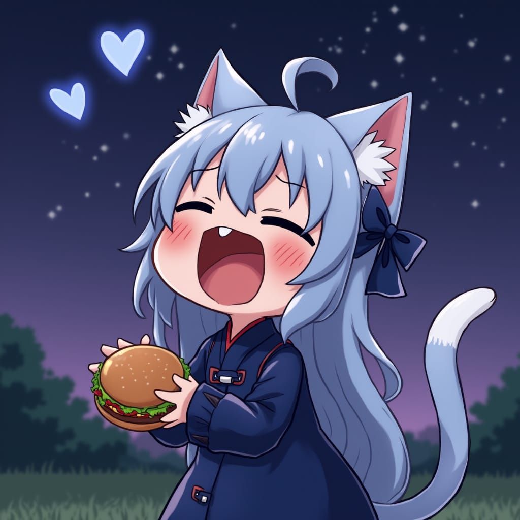 Synthwave Anime Catgirl About to Eat Burger