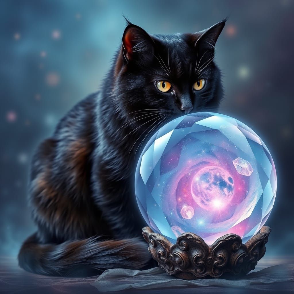 Majestic Black Cat in Mystical Holographic Scene