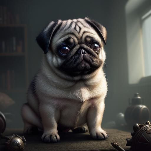 Cute Pug Dog with Squeaky Toy: Digital Matte Painting