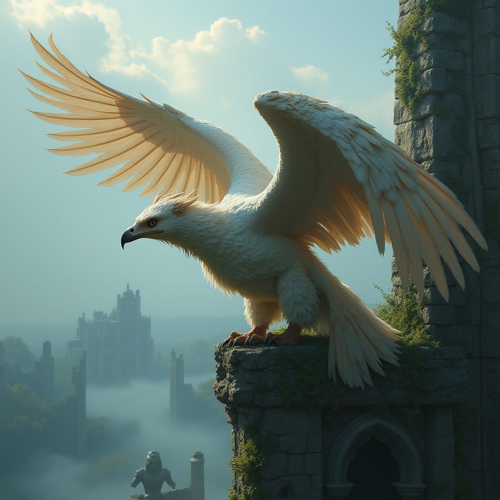 Griffin Perched on Gothic Cathedral in Matte Painting Style