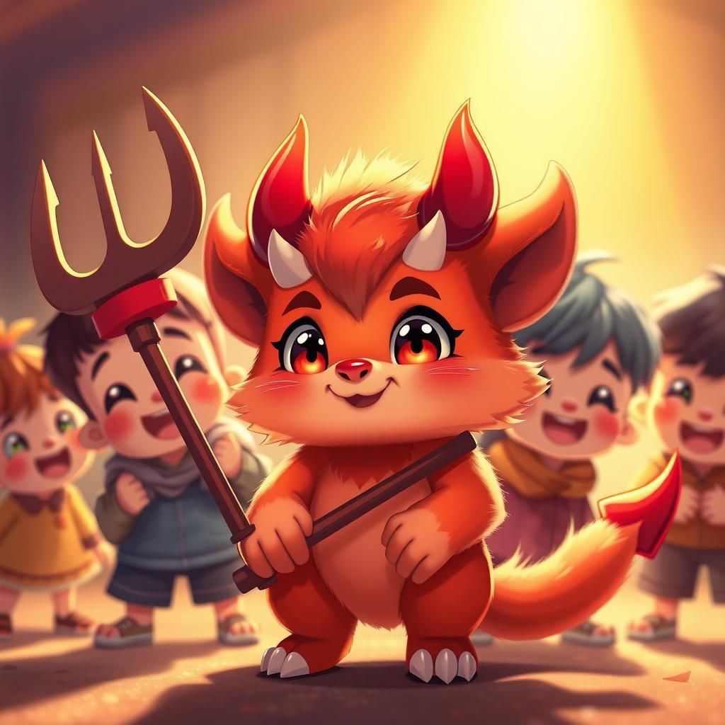 Adorable Cartoon Devil Surrounded by Laughing Children