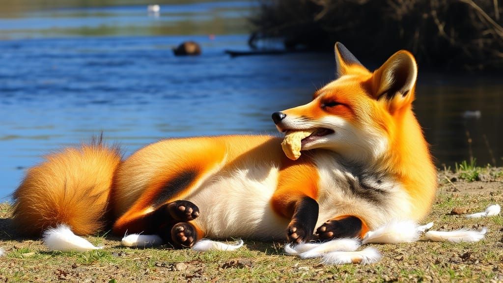 Content Fox Lounging by River in Sunlight