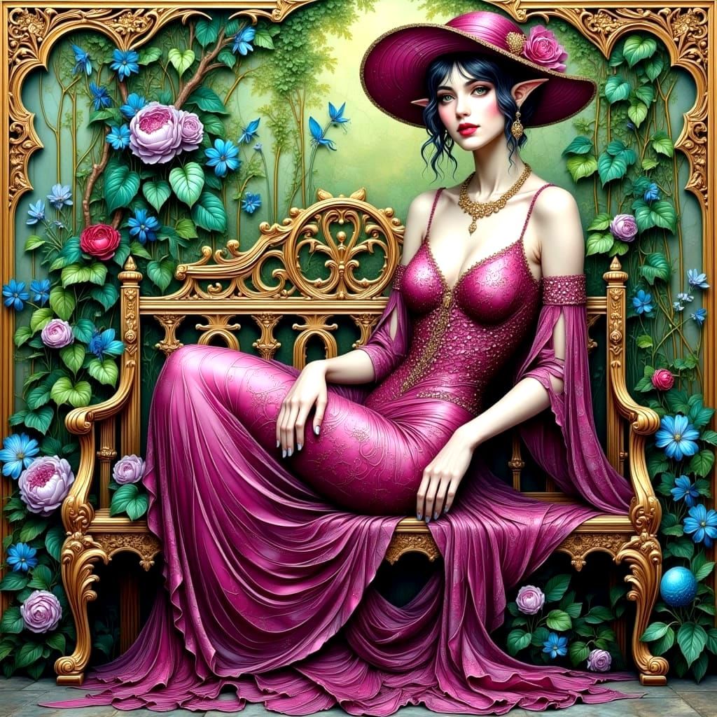 Woman Elf in Garden, Klimt-Inspired Art Deco Style