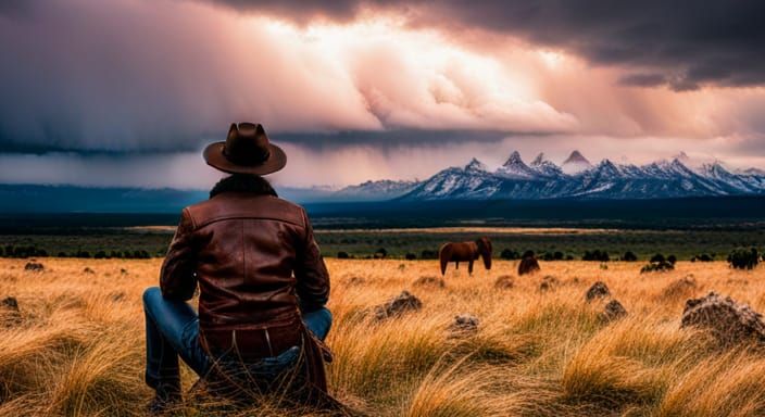 Wyoming Cowboy Observes Approaching Blizzard in Hyperrealism