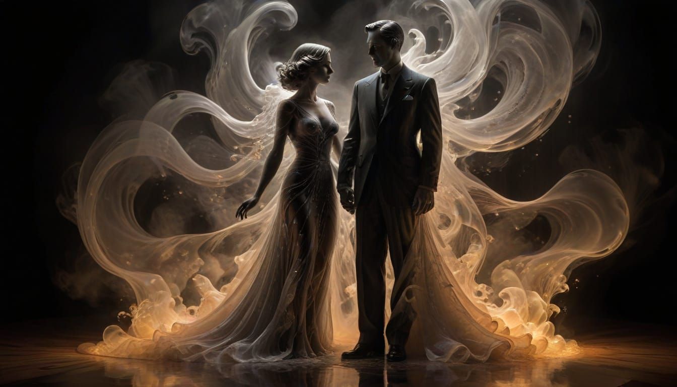 1930s film noir sinister man woman fractal opart fog beautif...