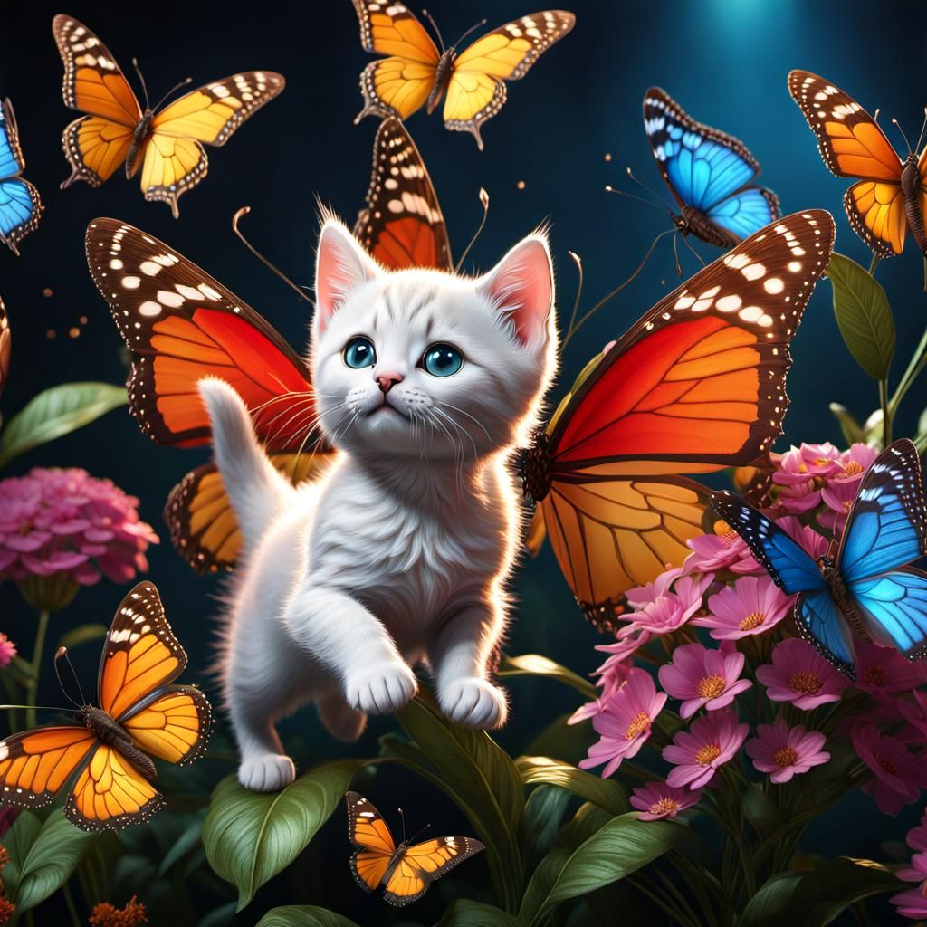 Fantastical Kitten Leaping in a Colorful Butterfly Field