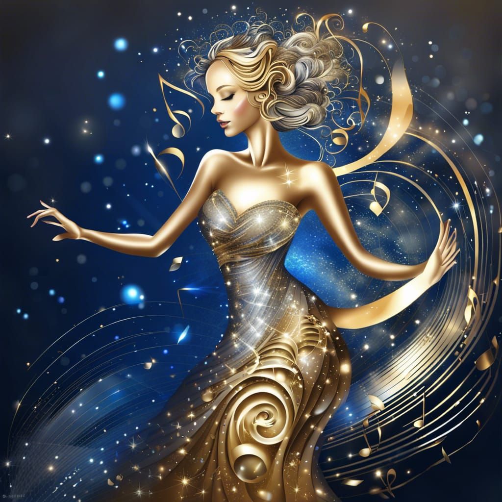 Woman Dancing with Music Notes in Abstract 3D