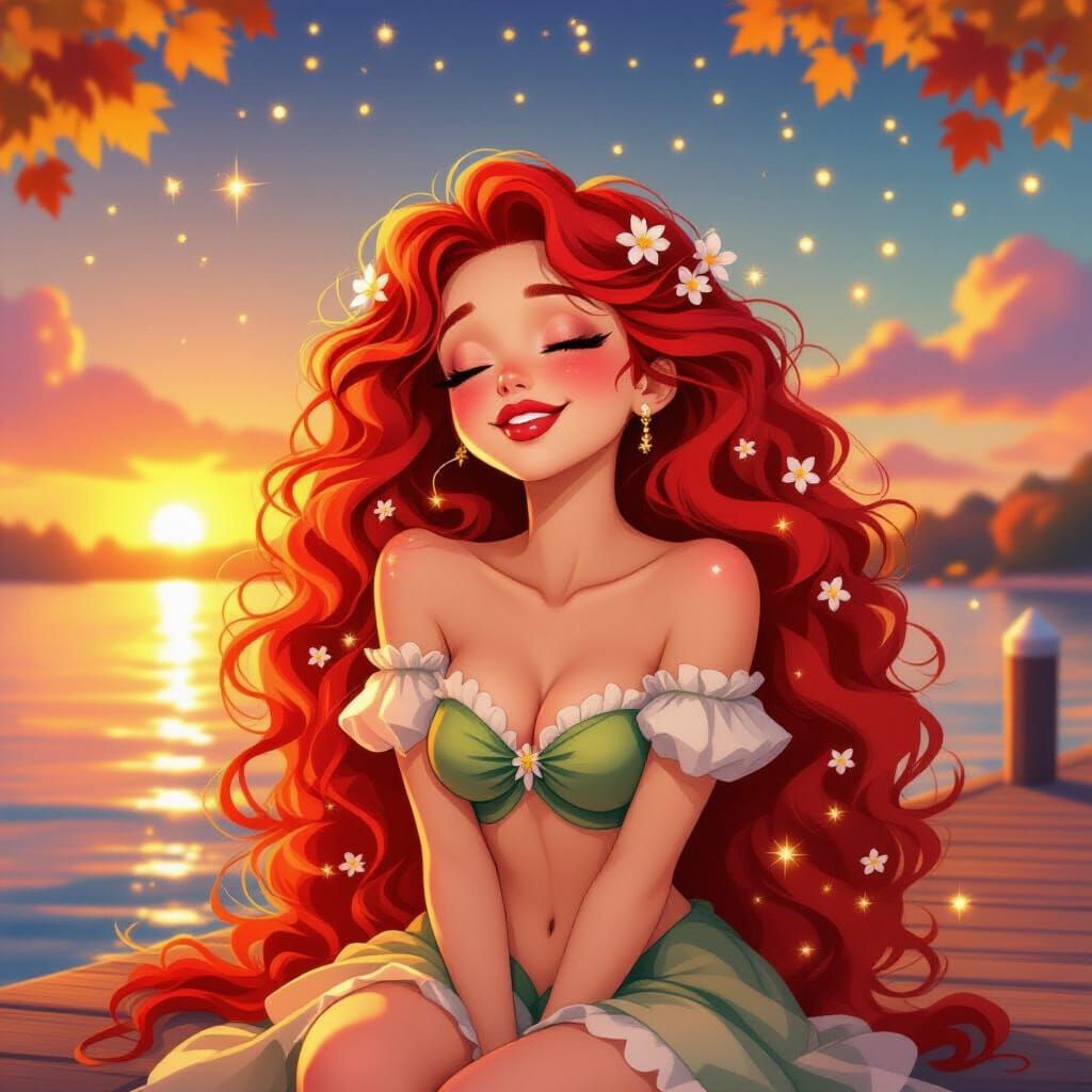 Enchanting Princess Portrait with Flowers and Sunset Beach